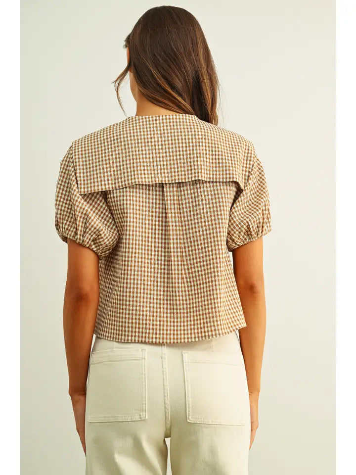Gingham Sailor Tie Top - Mocha