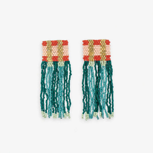 Ava Crossing Colorblock Beaded Fringe Earrings Teal + Poppy