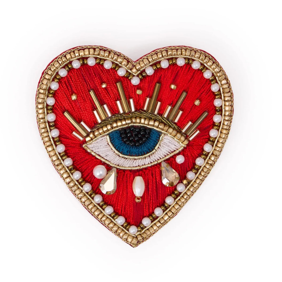 Avery Heart Eye Beaded Embroidered Brooch Red