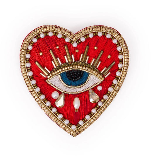 Avery Heart Eye Beaded Embroidered Brooch Red
