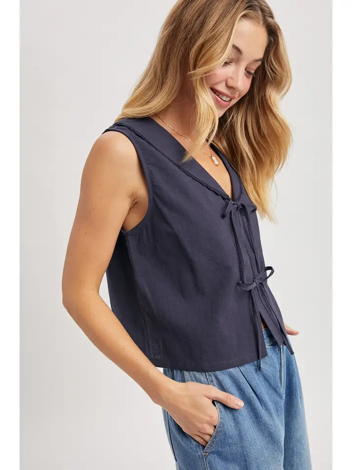 Linen Front Tie Sleeveless Top - Navy
