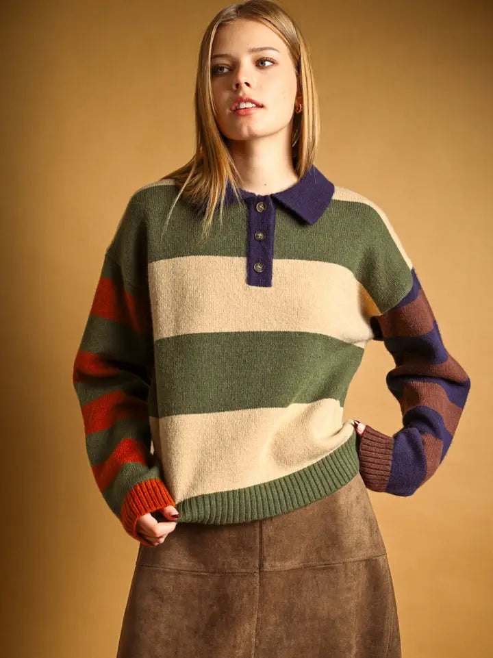 Autumn L/S Polo Knit Top - Brown Multi