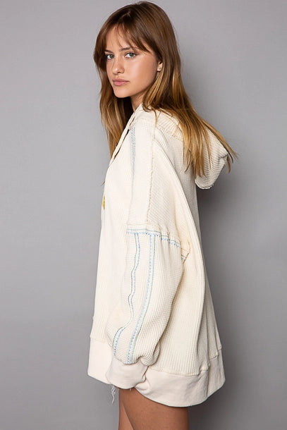 Oversized Embroidered Front L/S Top - Cream