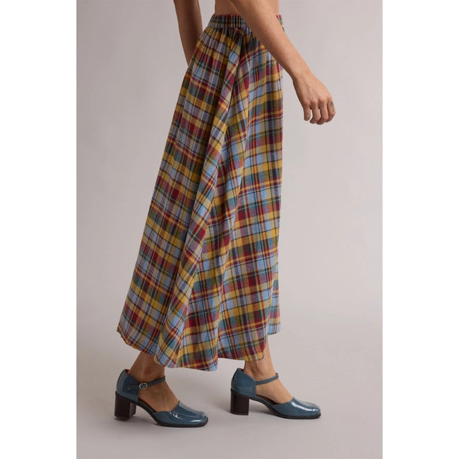 Plaid A-Line Midi Skirt - Red/Sky