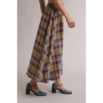Plaid A-Line Midi Skirt - Red/Sky