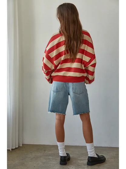 Striped Half Button Up Rugby Top - Taupe/Red
