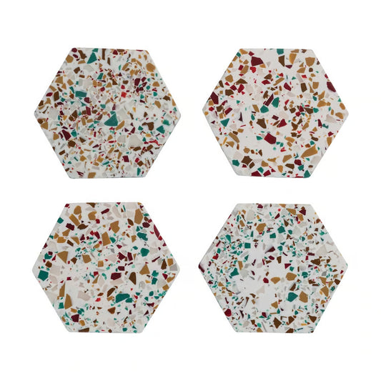 S/4 4"L x 4"W Hexagon Resin Coasters - Multicolor