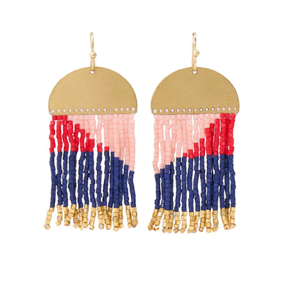 Birdie Geometric Beaded Fringe Earrings Navy, Red, Blush, + Gold