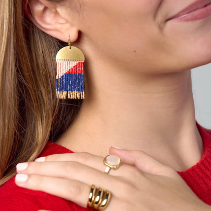 Birdie Geometric Beaded Fringe Earrings Navy, Red, Blush, + Gold