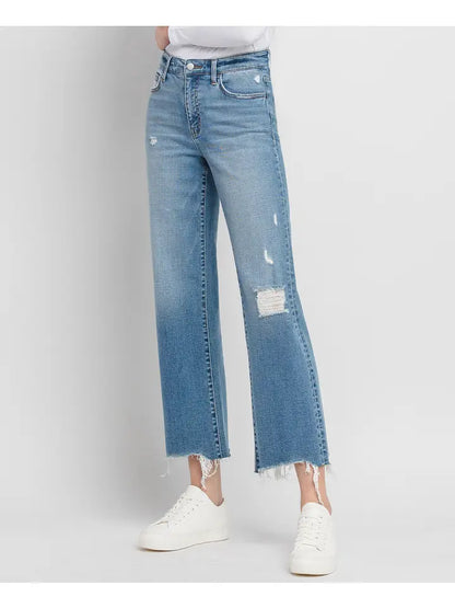 High Rise Distressed Slim Wide Jeans - Blue Grove