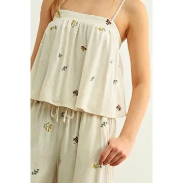 Embroidered Gauze Crop Tank - Beige