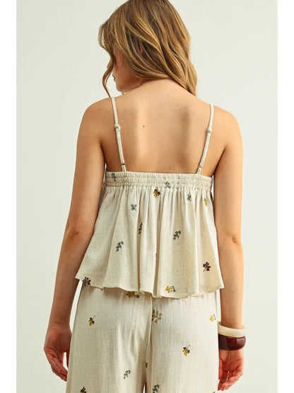 Embroidered Gauze Crop Tank - Beige