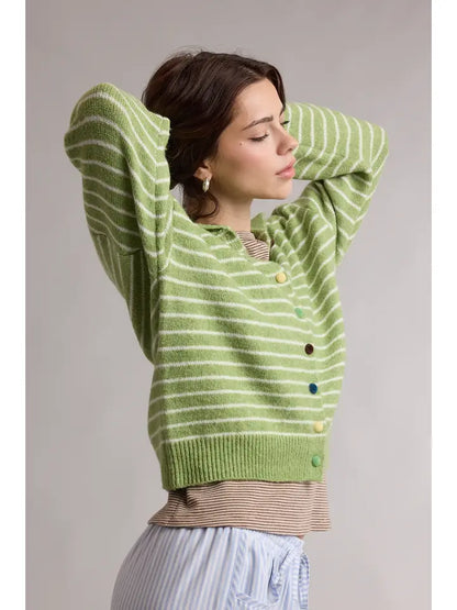 Striped Button Up Cardigan - Matcha/Cream