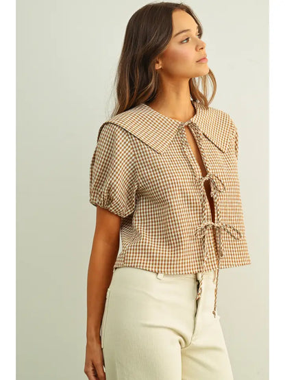 Gingham Sailor Tie Top - Mocha