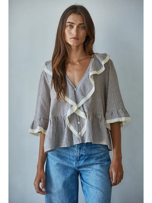 Linen Striped Ruffle Top - Grey