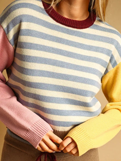 Striped Pink & Yellow Sleeves Sweater - Blue Multi