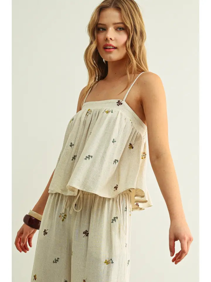 Embroidered Gauze Crop Tank - Beige