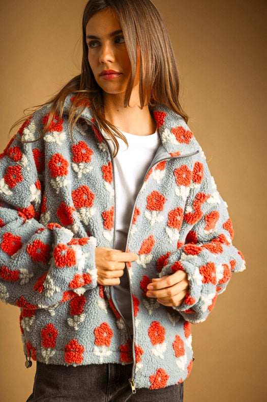 Flower Pattern Sherpa Jacket - Blue/Rust