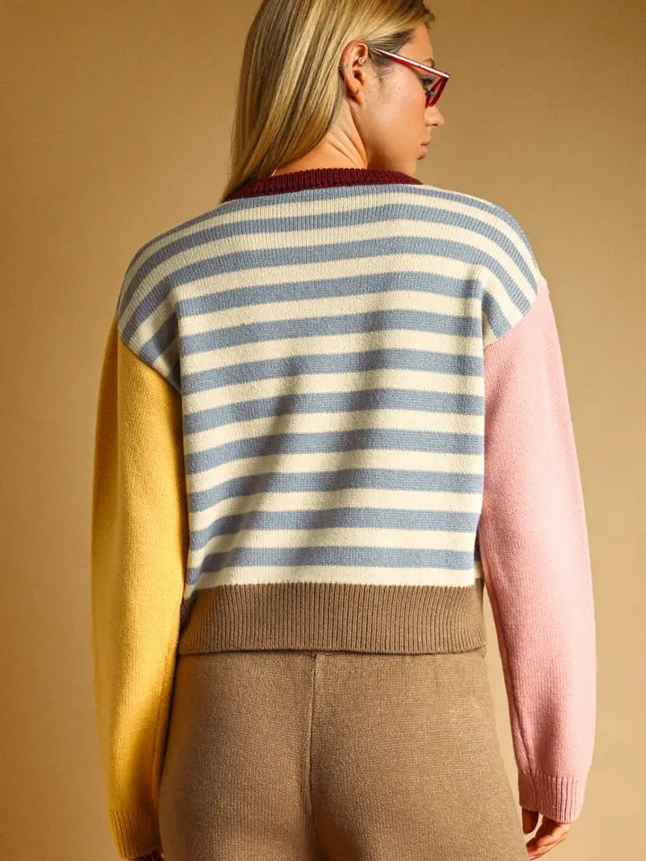 Striped Pink & Yellow Sleeves Sweater - Blue Multi