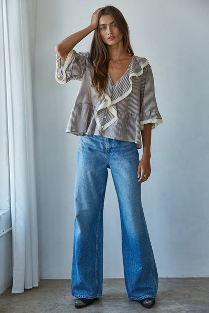 Linen Striped Ruffle Top - Grey