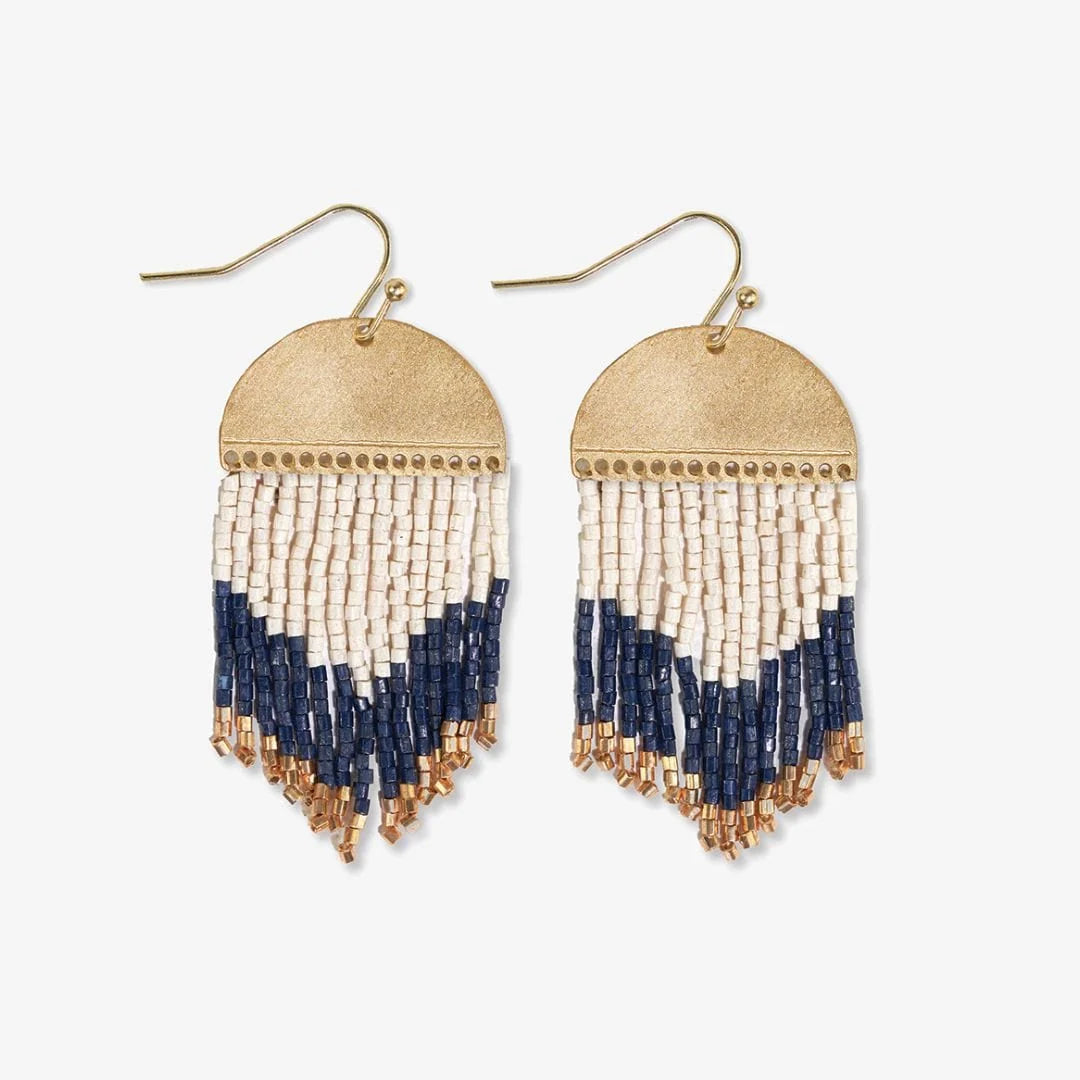 Claudia Curved Pattern Short Beaded Fringe Earrings Navy