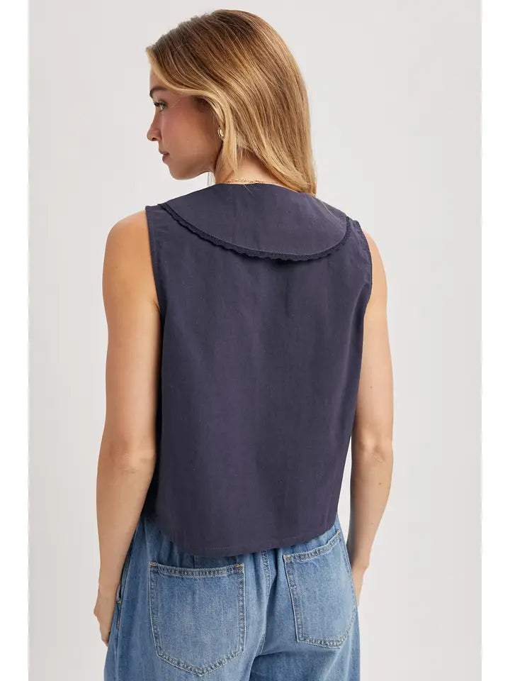 Linen Front Tie Sleeveless Top - Navy