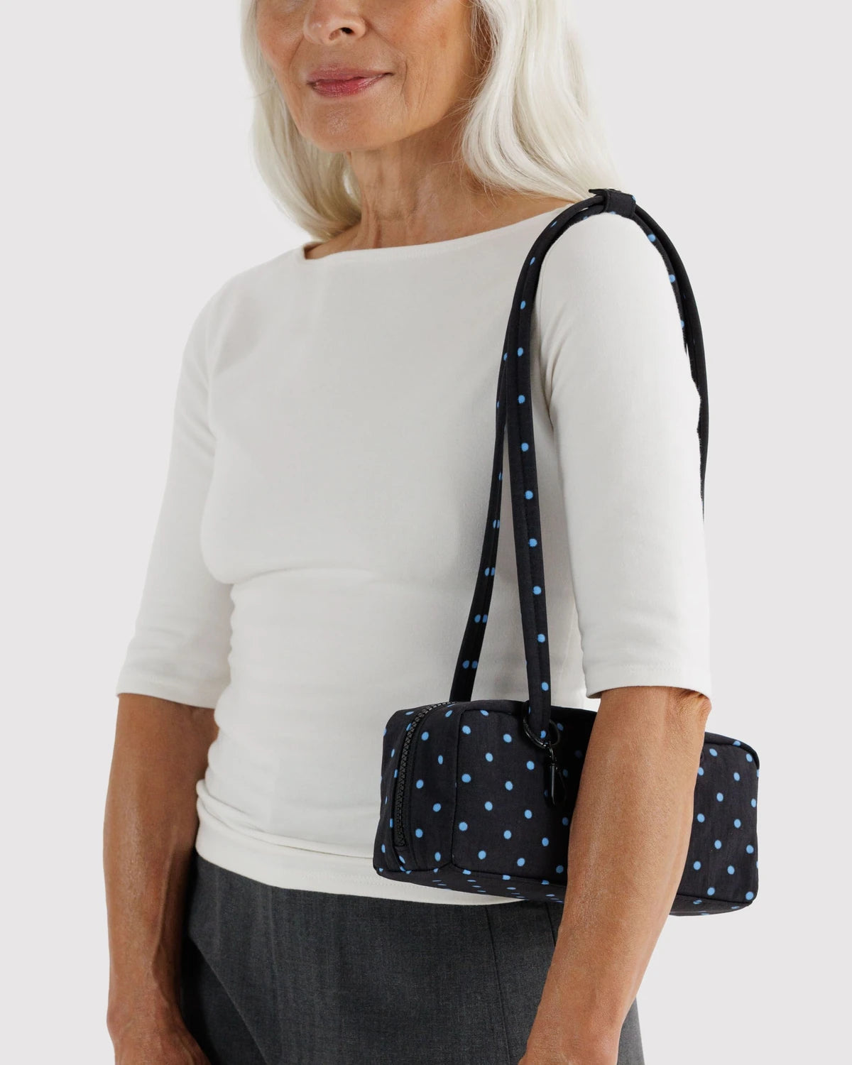 Small Nylon Bowler Bag - Black & Sky Blue Micro Dot