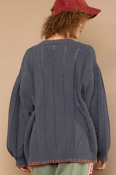 Contrast Stitch Detail Knit Cardigan - Charcoal