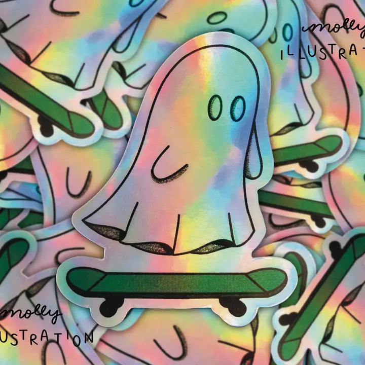 Skateboarding Ghost Holographic Sticker