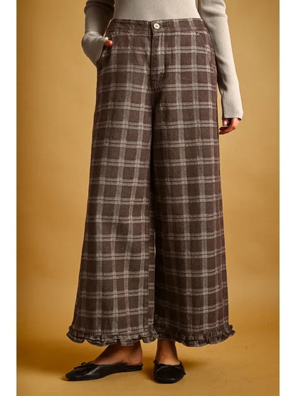 Plaid Ruffle Pants - Chocolate