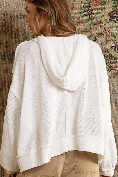 Round Neck Balloon Sleeved Hooded Knit Top - Pure White