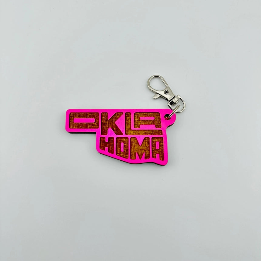 OK State Fill Wooden Keychain - Pink