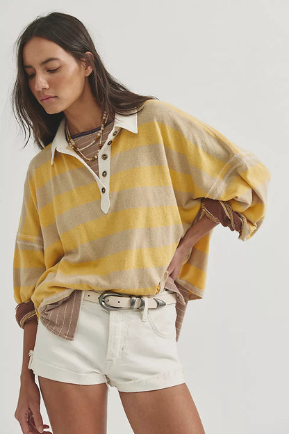 Auggie Oversized Polo Tee - Latte/Yellow Finch