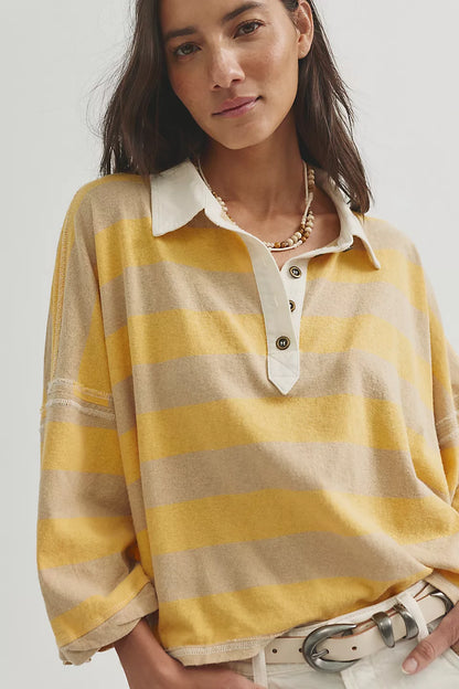 Auggie Oversized Polo Tee - Latte/Yellow Finch
