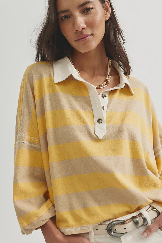 Auggie Oversized Polo Tee - Latte/Yellow Finch