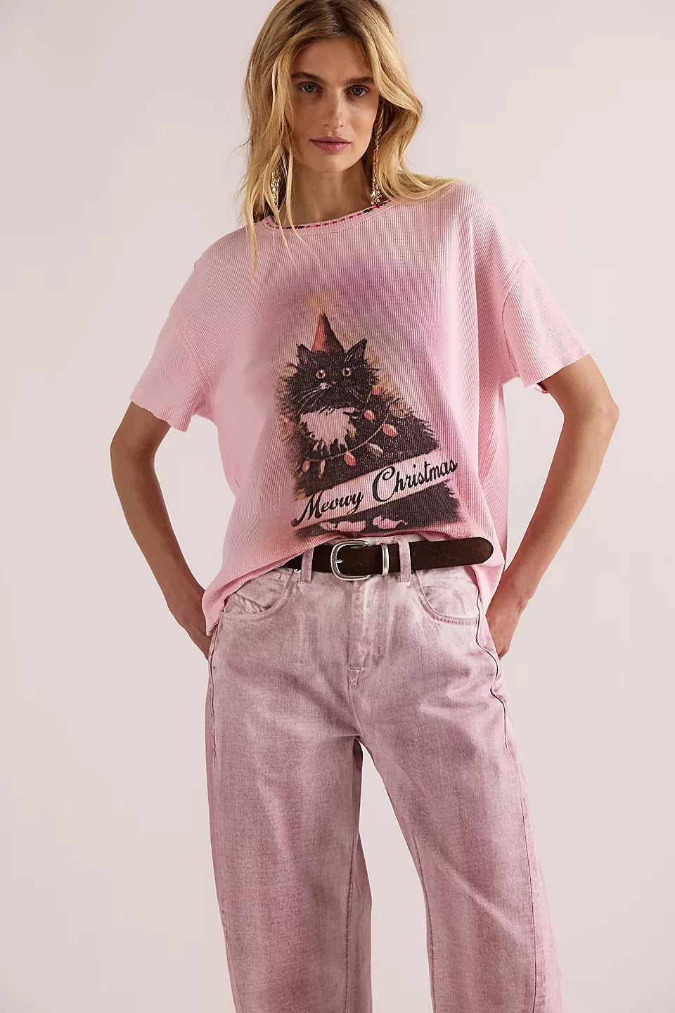 Merry Meowy Tee - Pink Combo