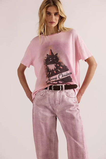 Merry Meowy Tee - Pink Combo