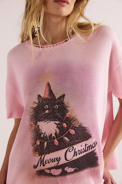 Merry Meowy Tee - Pink Combo