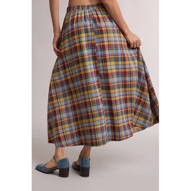 Plaid A-Line Midi Skirt - Red/Sky