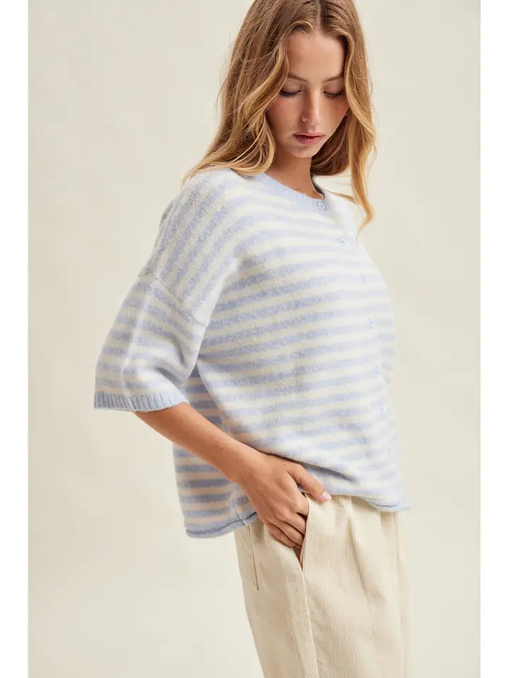 Striped S/S Cardigan - Sky/White