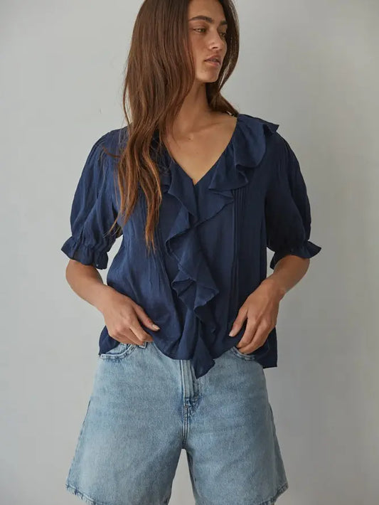 Ruffle V-Neck Top - Navy