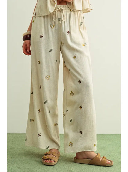 Embroidered Gauze Wide Leg Pant