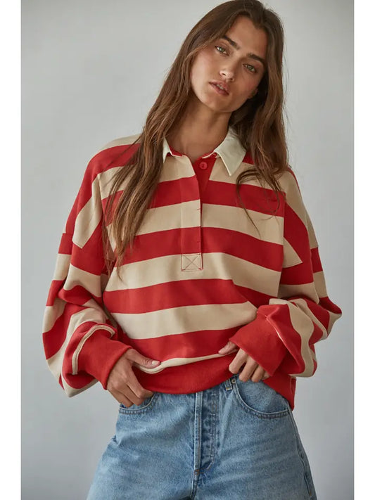 Striped Half Button Up Rugby Top - Taupe/Red