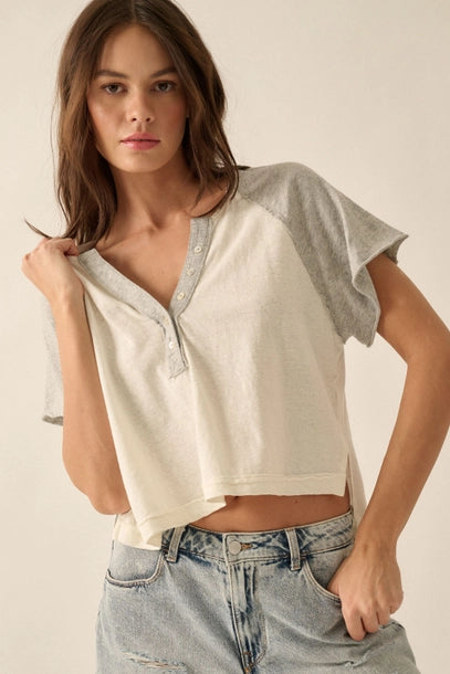 Easy Fit Colorblock Henley V-Neck Knit Top - Cream/Grey