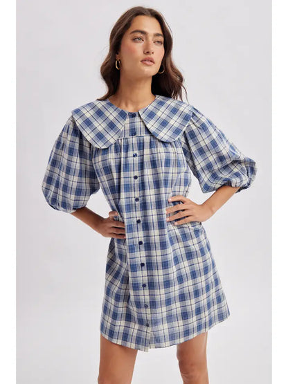 Peter Pan Collar Plaid Mini Dress - Blue