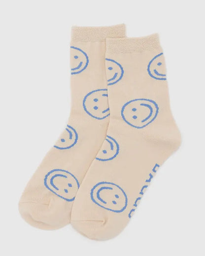 Crew Sock - Ecru Periwinkle Happy