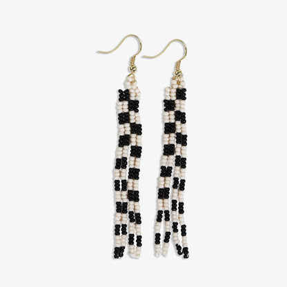 June Mini Checked Pattern Petite Beaded Fringe Earrings Black/White
