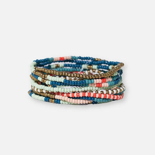 Sage Mixed Stripe Beaded 10 Strand Stretch Bracelet Set Teal + Poppy