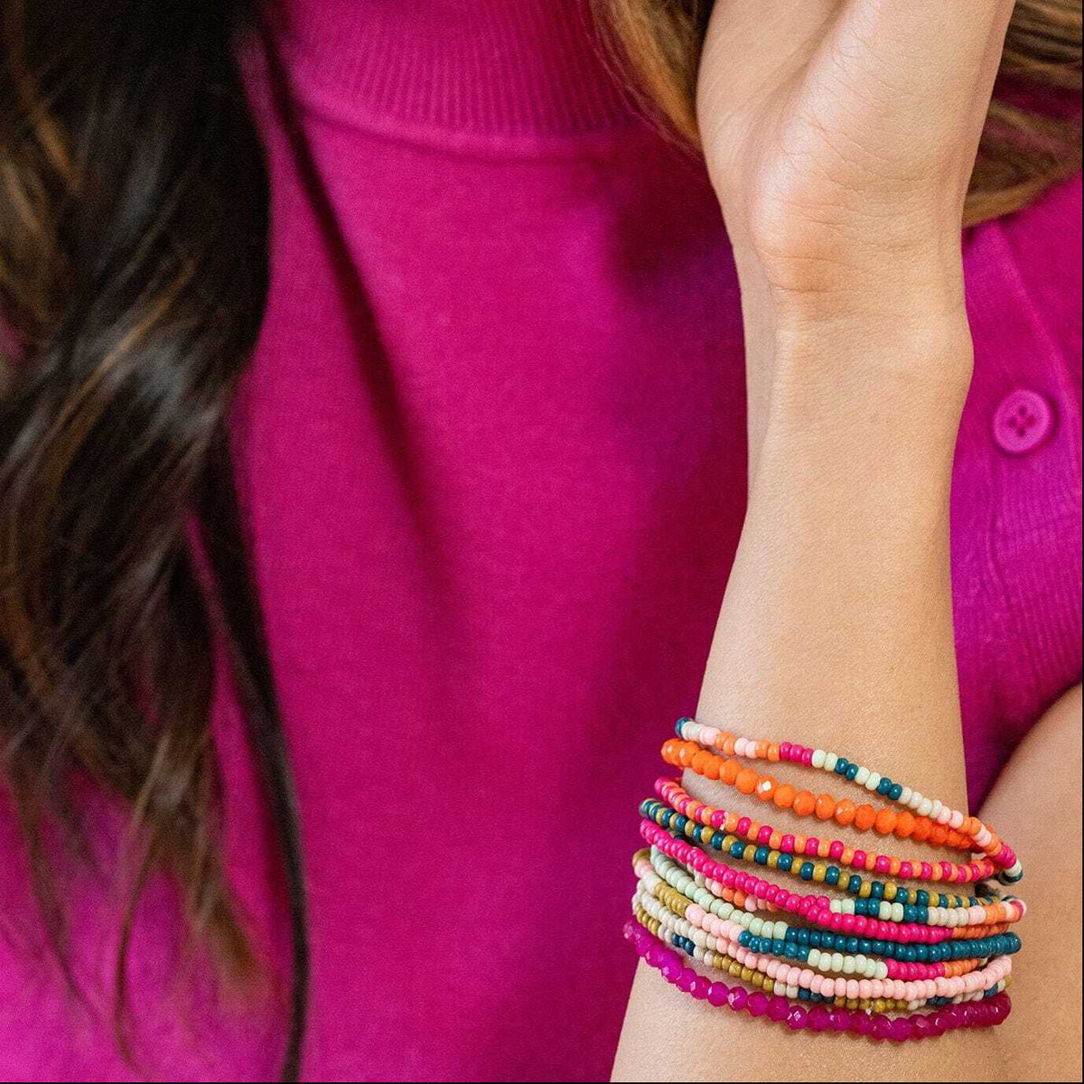 Sage Mixed Stripe Beaded 10 Strand Stretch Bracelets Rainbow