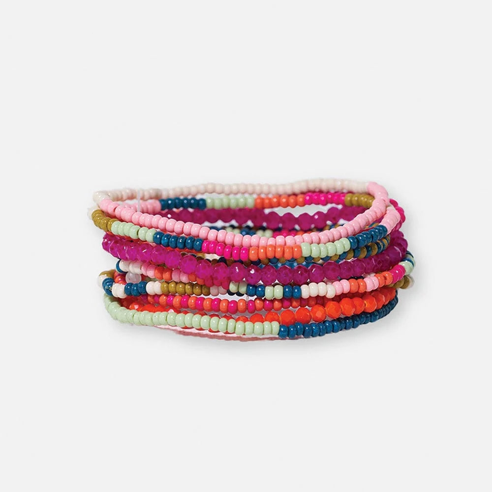 Sage Mixed Stripe Beaded 10 Strand Stretch Bracelets Rainbow